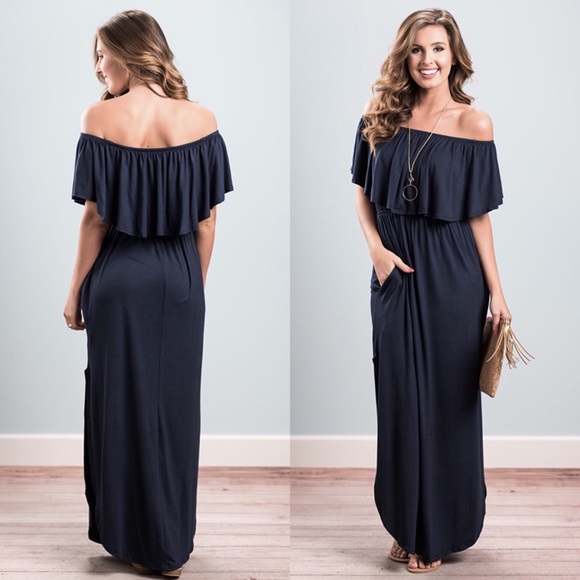 Off Shoulder Ruffle Maxi with Pockets - Picture 3 of 7